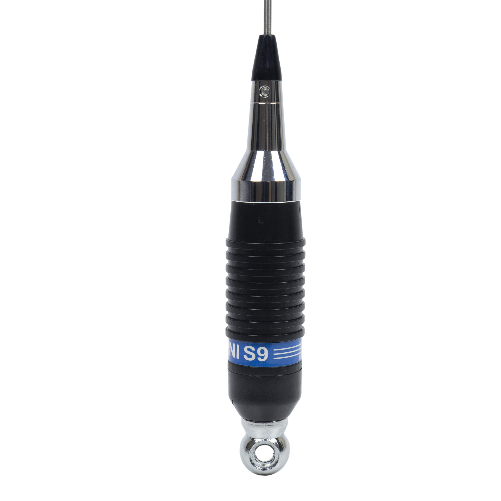 Eine silber-schwarze Antenne, zylindrisch mit blauem Band, vor weißem Hintergrund.