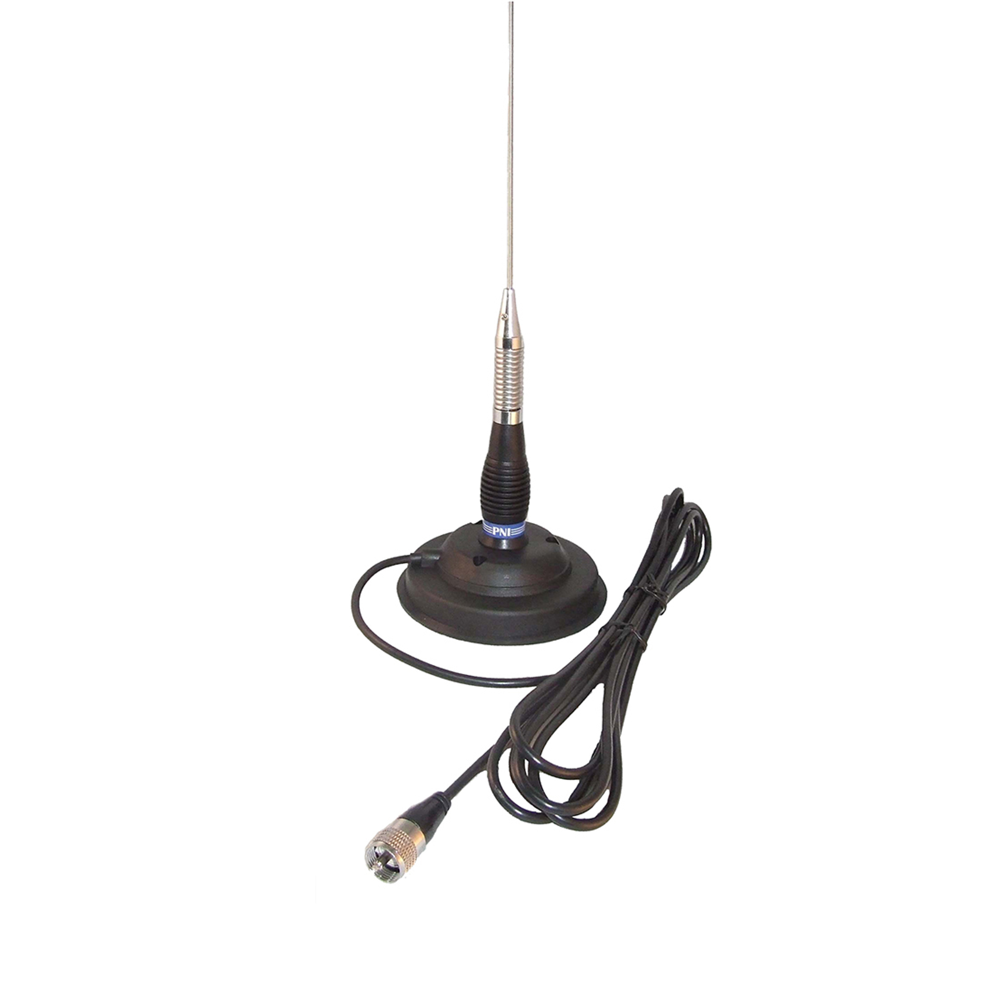 Eine schwarze Magnetantenne mit silbernem Aufsatz. Ein schwarzes Kabel verbindet die Basis.
