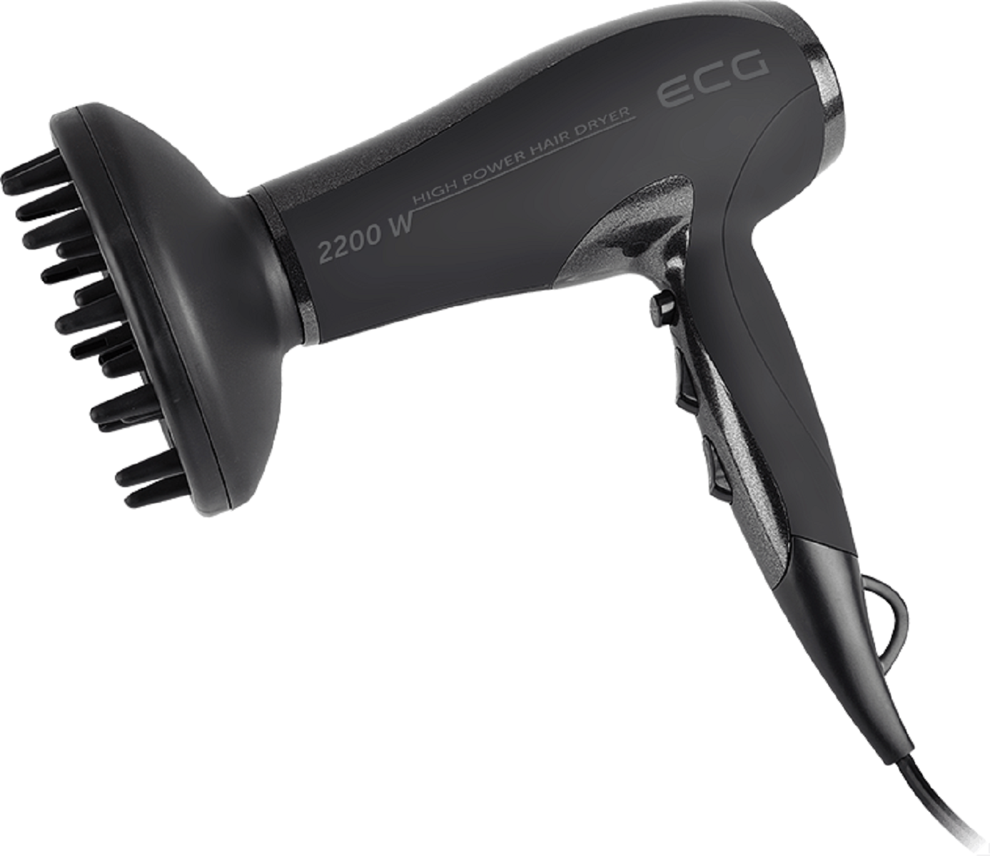 Czarna suszarka do włosów z nasadką dyfuzora na białym tle.