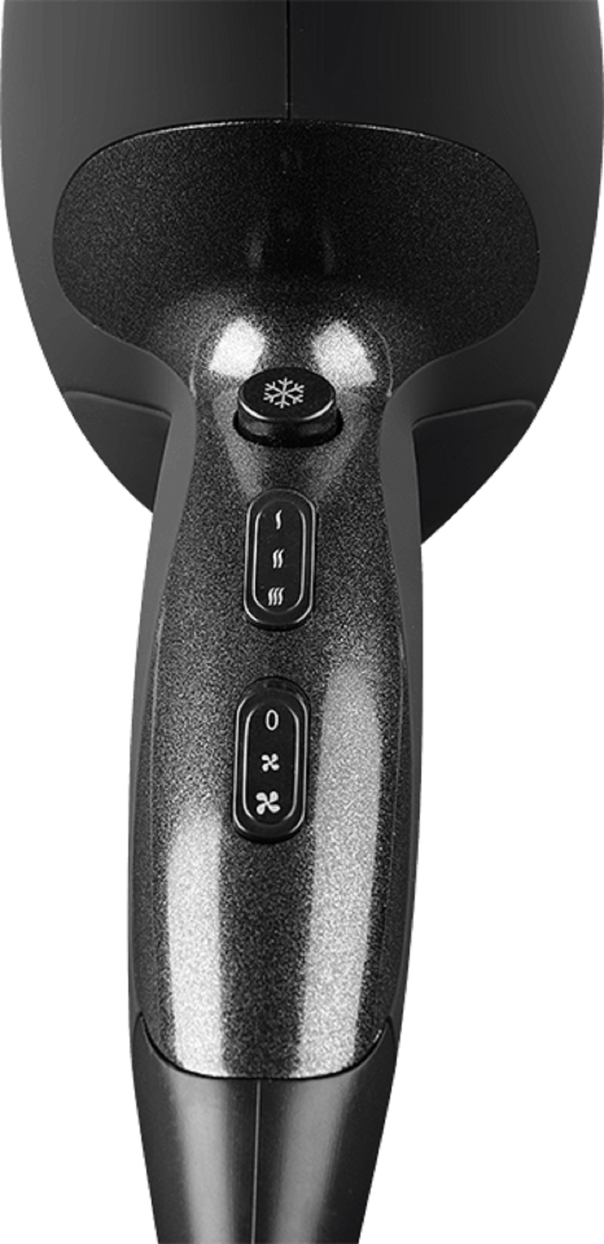 Zbliżenie uchwytu czarnej suszarki do włosów z przyciskami.