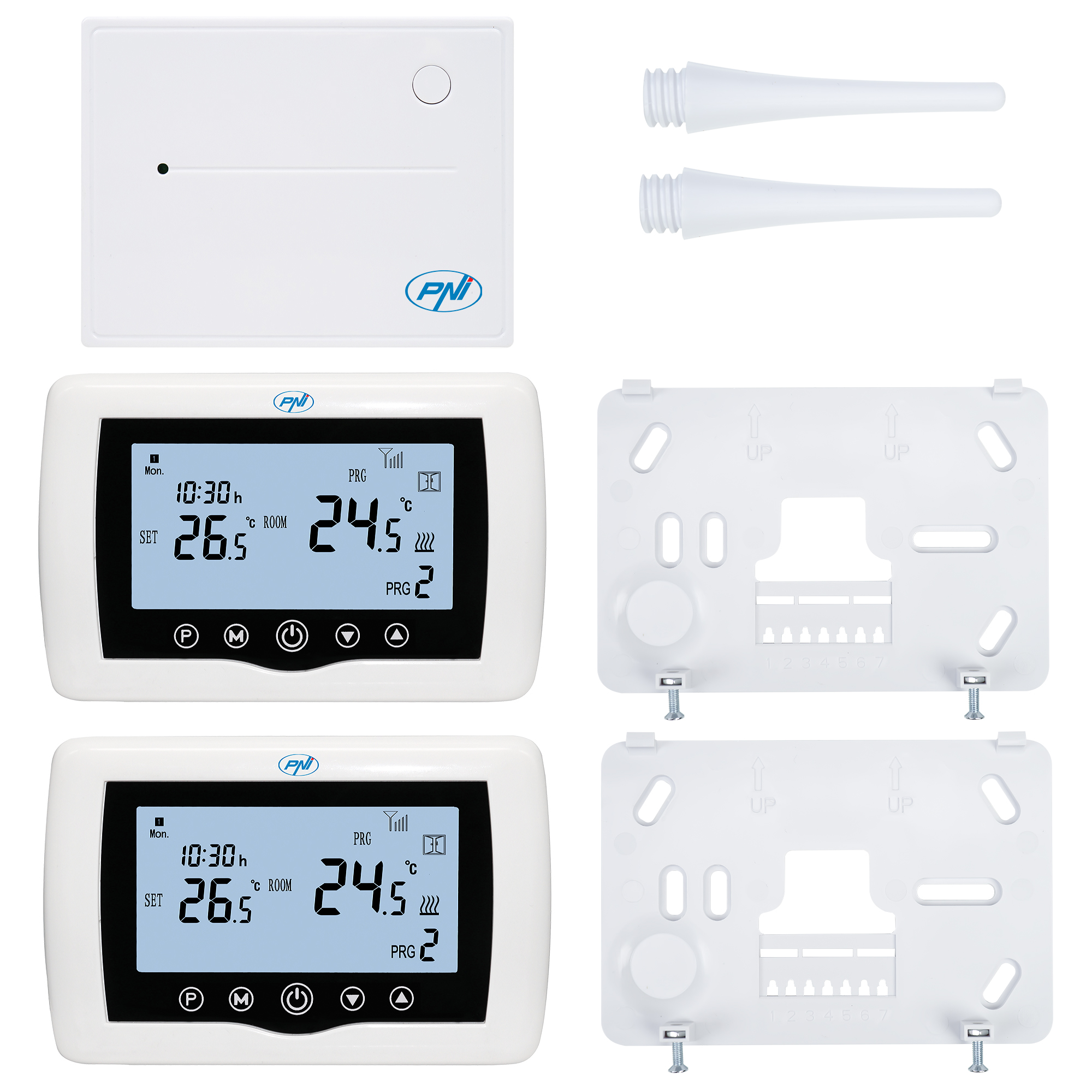 Zwei weiße Smart-Thermostate mit Displays und Montagekomponenten.