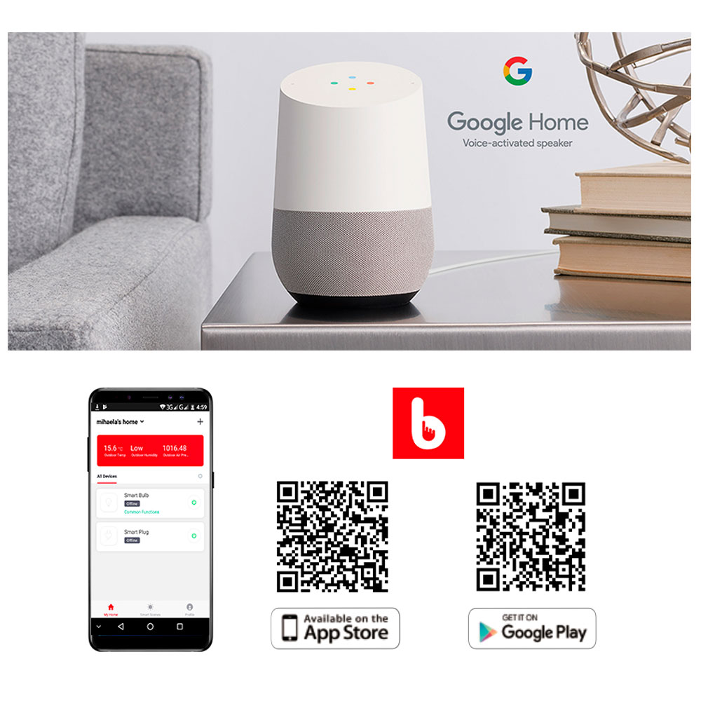 Google Home Lautsprecher auf einem Tisch, mit Smartphone, das eine Home Control App zeigt, QR-Codes.