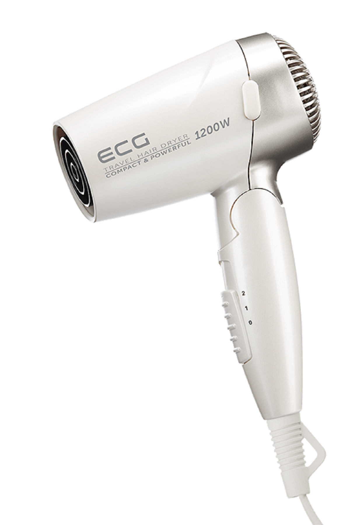 Biała i srebrna suszarka do włosów ustawiona pod kątem w prawo, z suwakiem ustawiania mocy.