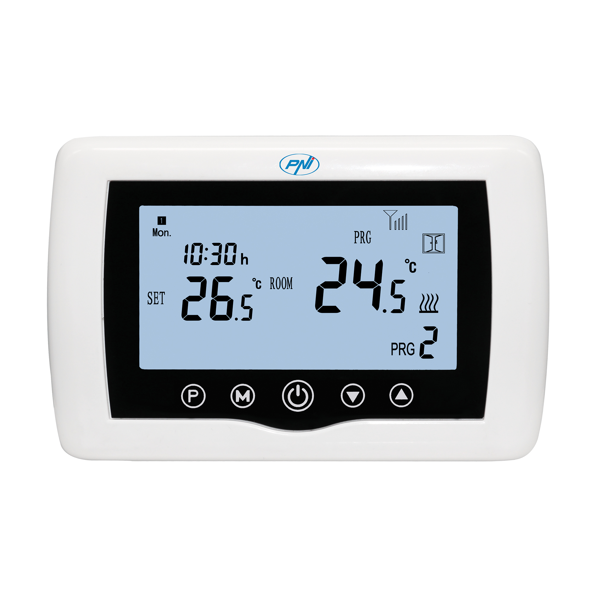 Weißes Thermostat mit Digitalanzeige, die Zeit, Temperatur und Einstellungen für ein Heizsystem anzeigt.