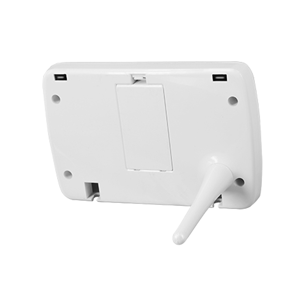 Rückseite eines weißen Geräts mit Ständer. Hat Anschlüsse und ein Batteriefach.
