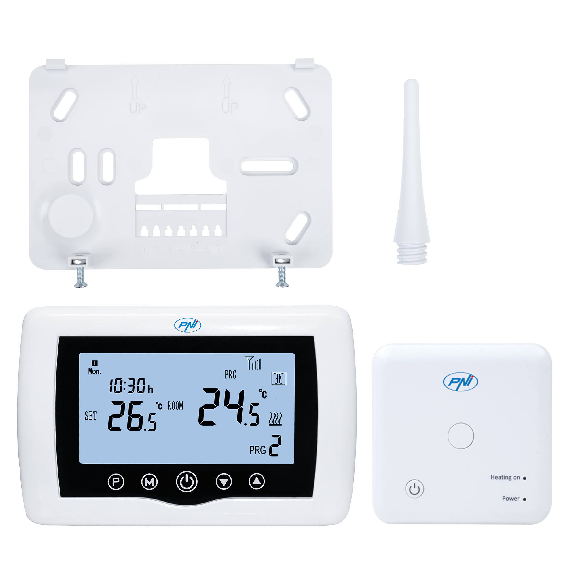 Ein weißes Thermostat mit Bildschirm, einer separaten Steuereinheit und einer Montageplatte.