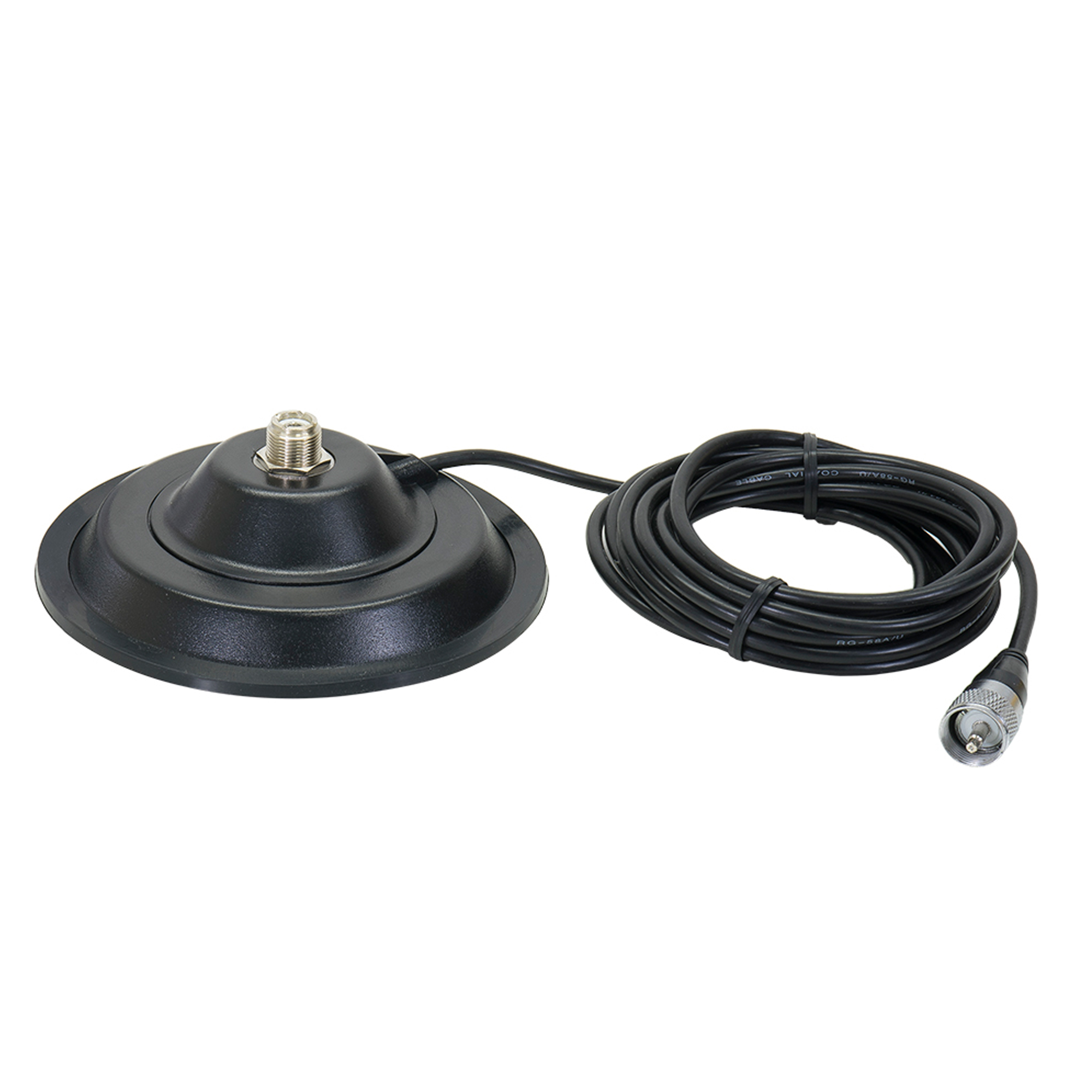 Ein schwarzer, kreisförmiger Magnetantennenfuß mit Kabel und Stecker.