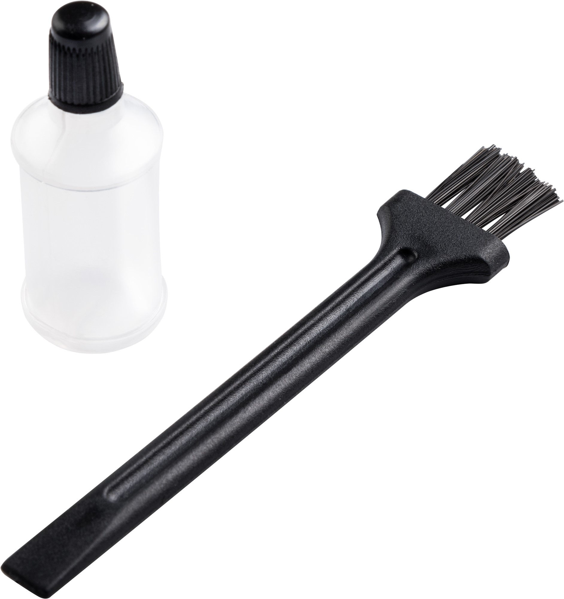 Czarna szczotka do czyszczenia i butelka. Szczotka ma czarne włosie, a butelka jest przezroczysta.