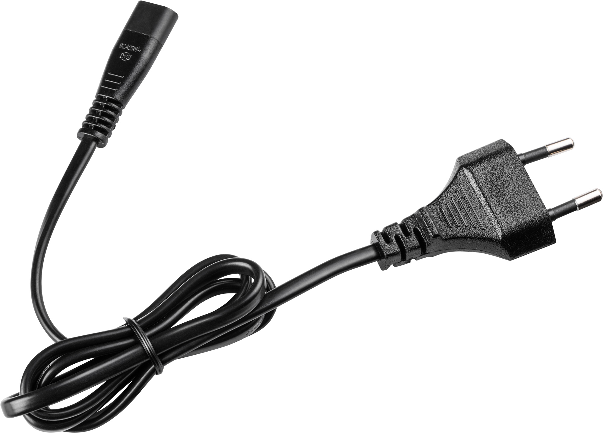 Czarny przewód zasilający z wtyczką na jednym końcu i złączem na drugim, na białym tle.