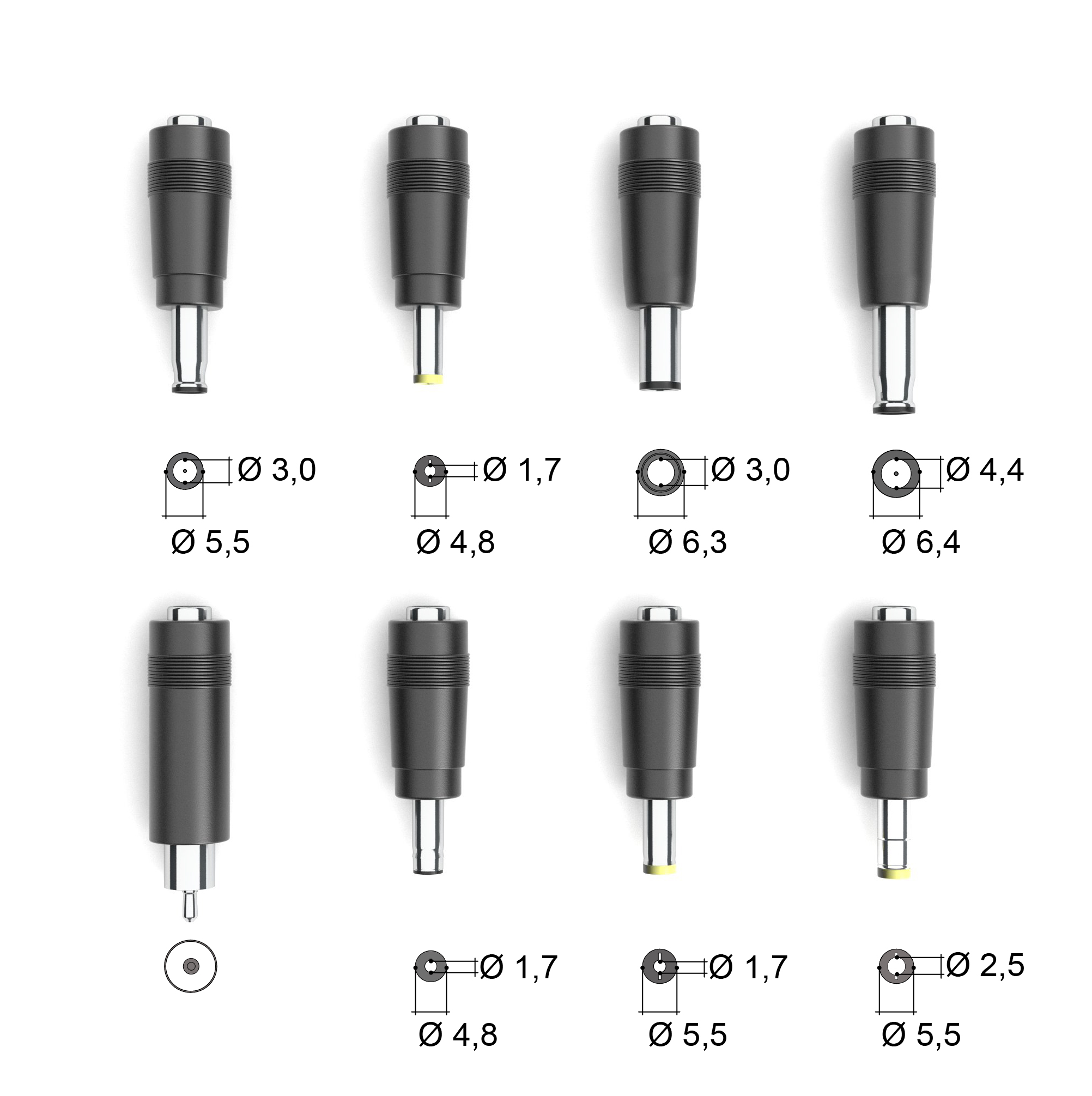 Ein Satz Gleichstrom-Adapterstecker in verschiedenen Größen.