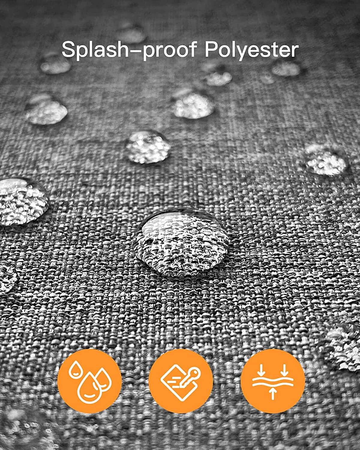 Gotas de agua sobre tela gris. Texto dice 'Poliéster a prueba de salpicaduras' con iconos de agua.