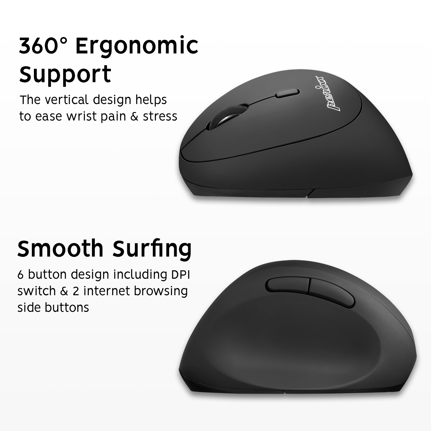 Schwarze ergonomische Maus. Draufsicht zeigt Scrollrad. Untere Ansicht zeigt Tasten.