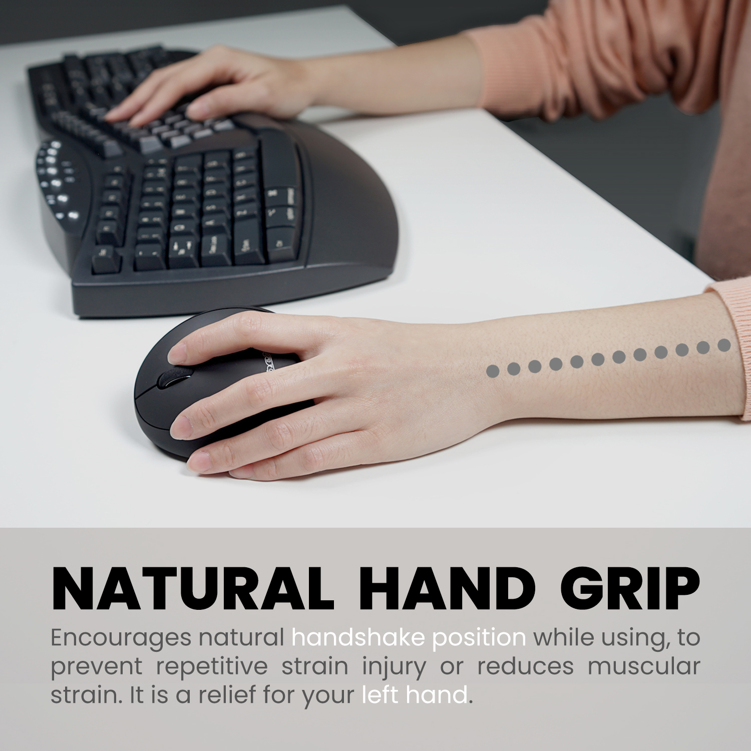 Hand benutzt ergonomische Maus und Tastatur. Text: Natürlicher Handgriff.