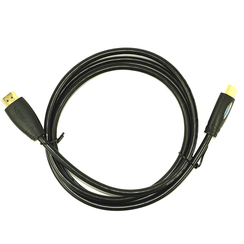 Schwarzes HDMI-Kabel mit Goldsteckern, auf weißem Hintergrund aufgerollt.