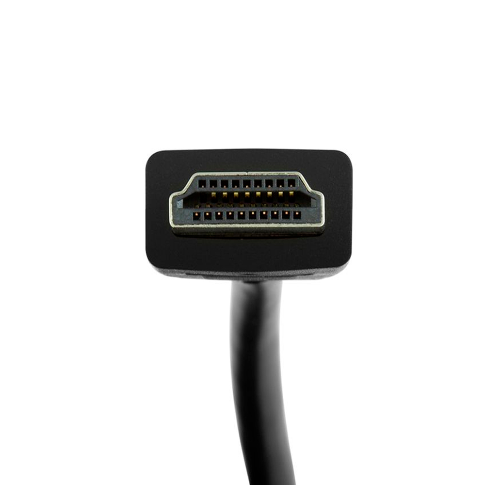 Ein HDMI-Kabelanschluss, schwarz, mit vielen Stiften im Inneren des Anschlusses sichtbar.