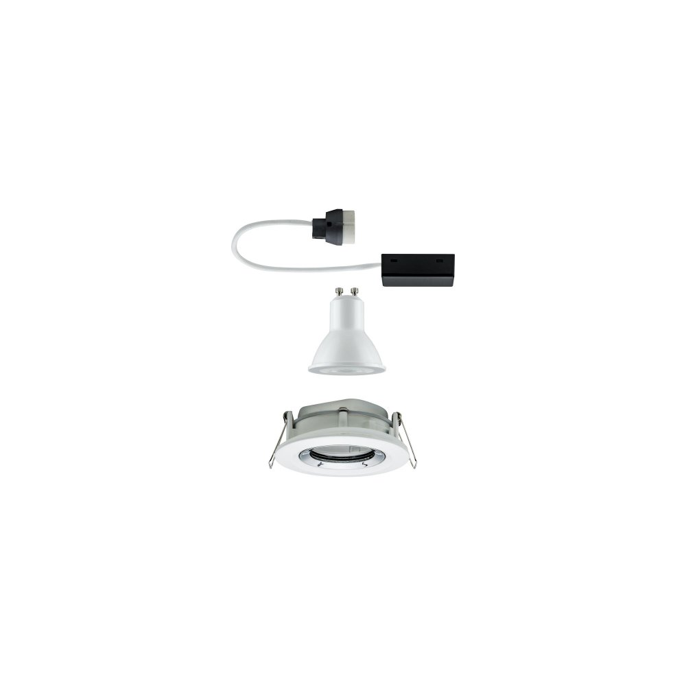 Zerlegte Einbauleuchtenkomponenten: Stecker, Gehäuse und Lampe.