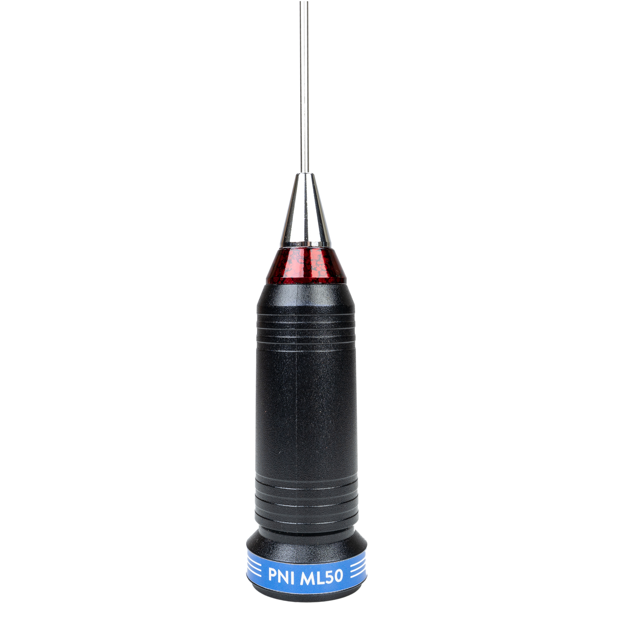 Eine schwarze und silberne Radioantenne mit rotem Licht. Sie steht auf weißem Hintergrund.