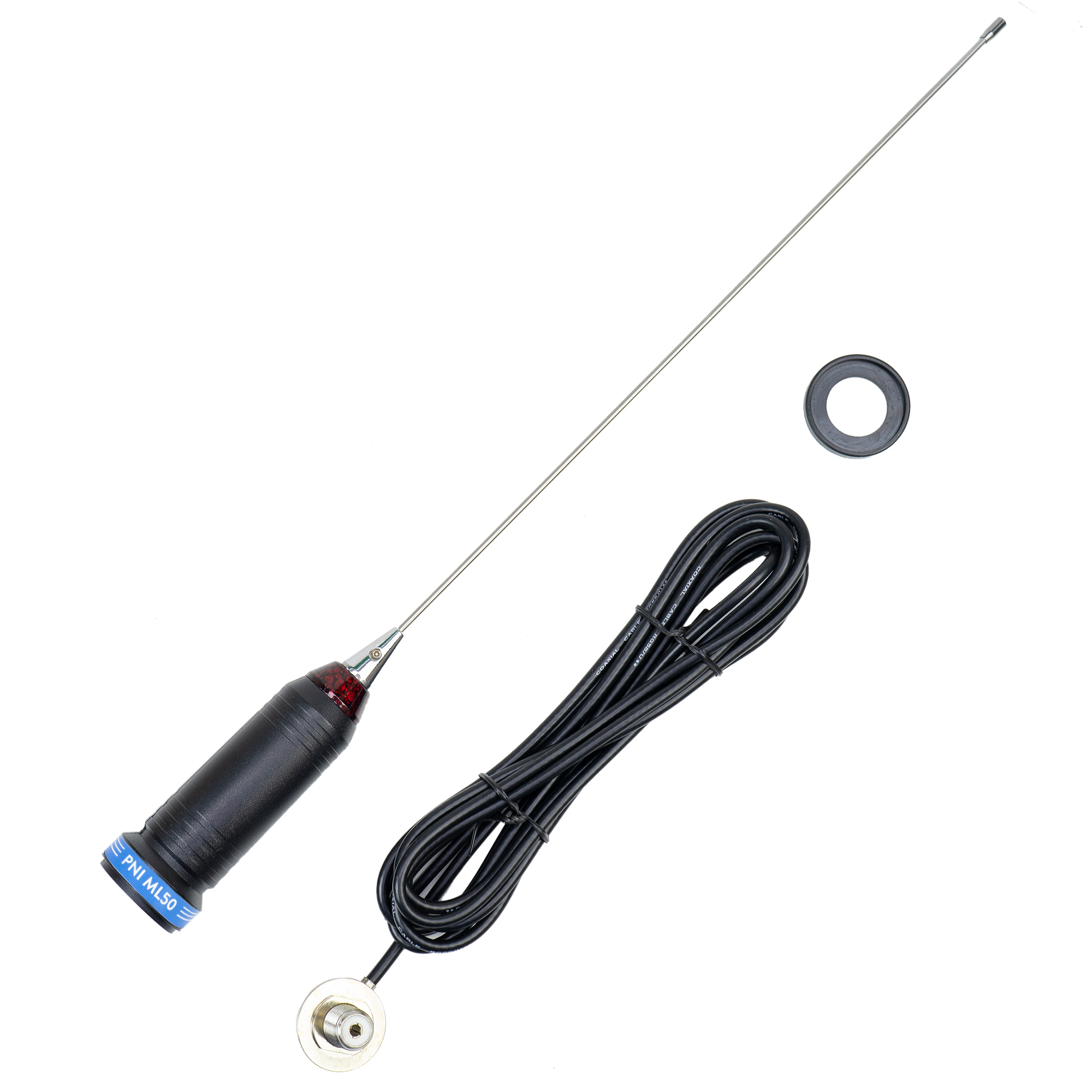 Eine Autoantenne und ein Kabel. Die Antenne ist schwarz und silber mit roter Spitze.