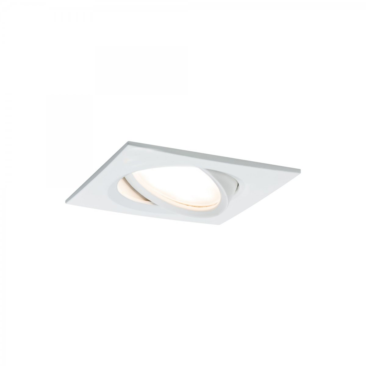 Apparecchio a incasso bianco, quadrato, con sorgente luminosa ovale.