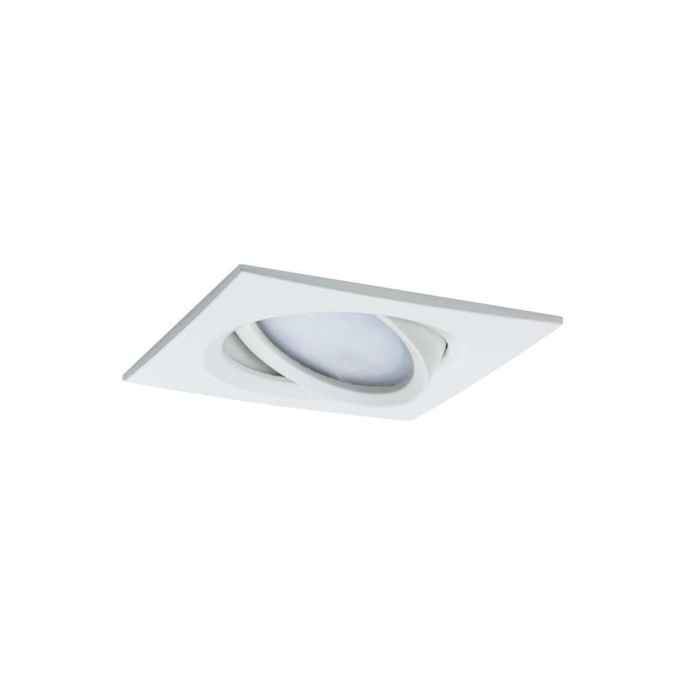 Apparecchio di illuminazione a incasso bianco. Ha una cornice quadrata e una sorgente luminosa circolare e regolabile. Bianco.