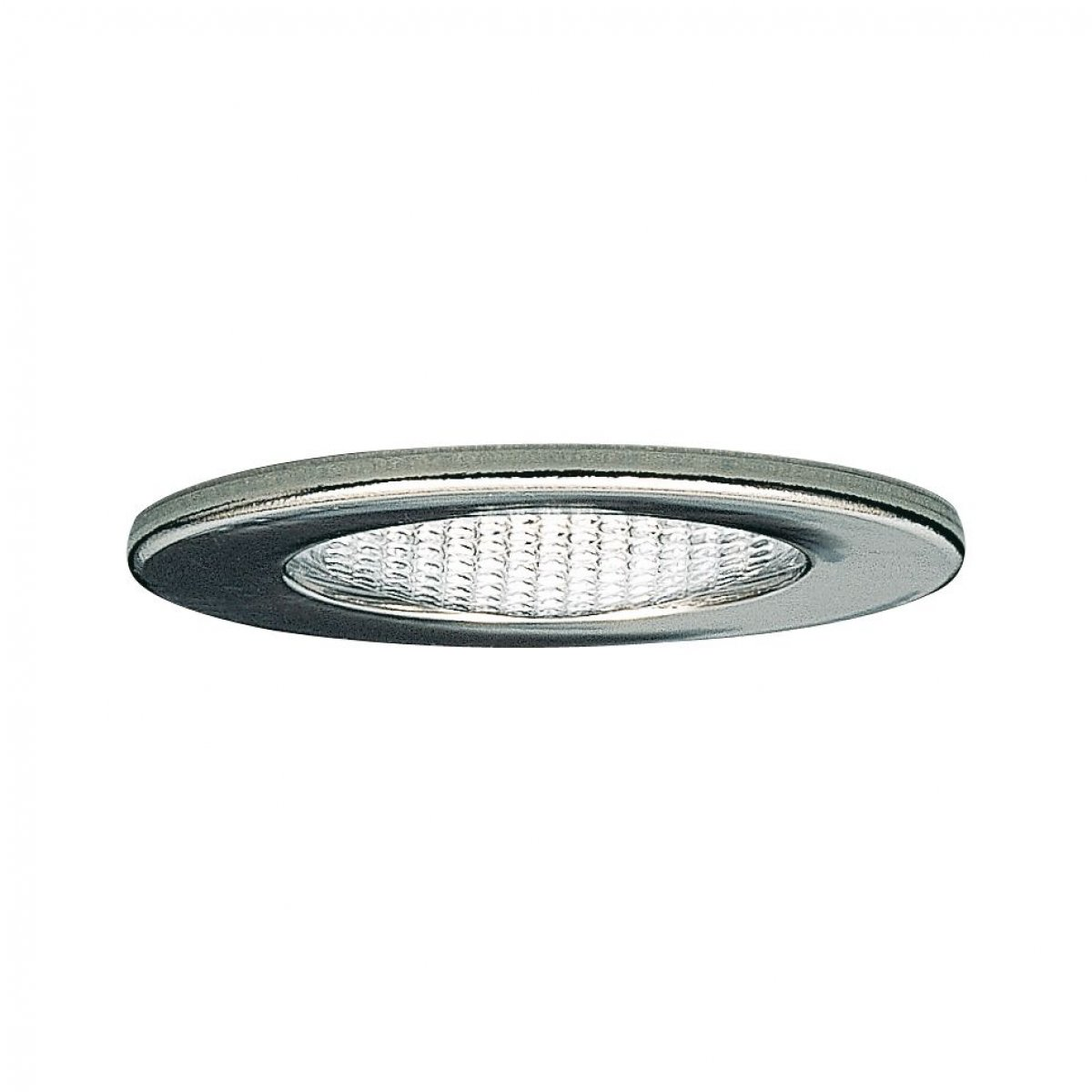 Kreisförmige Einbau-LED-Leuchte, silberner Rahmen, weißes Licht.