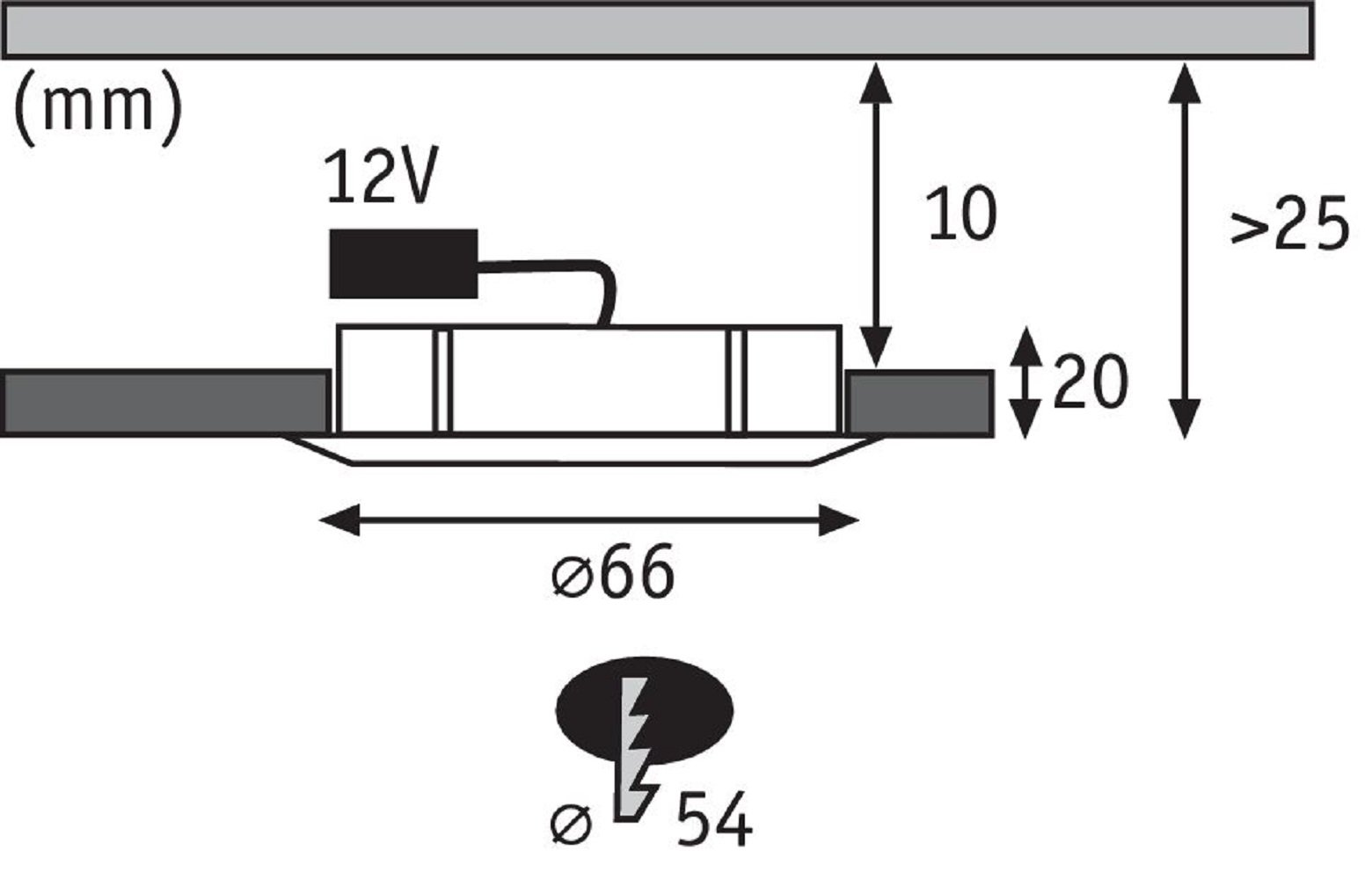 Diagramm zeigt einen 12V-Anschluss mit Abmessungen in mm. Etiketten und Messungen sind sichtbar.