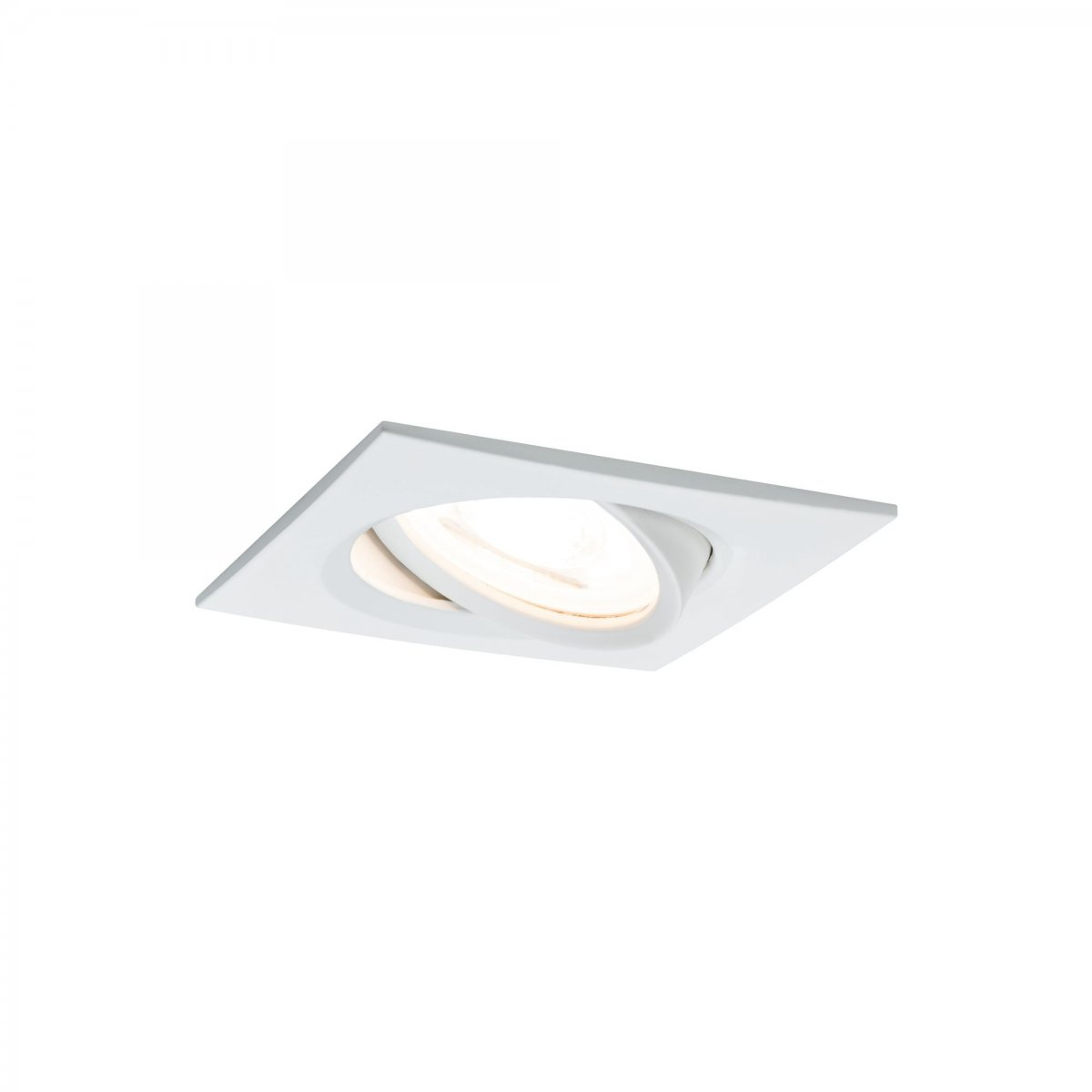 Eine quadratische Einbau-Deckenleuchte mit weißer Oberfläche und drehbarer Lampe.