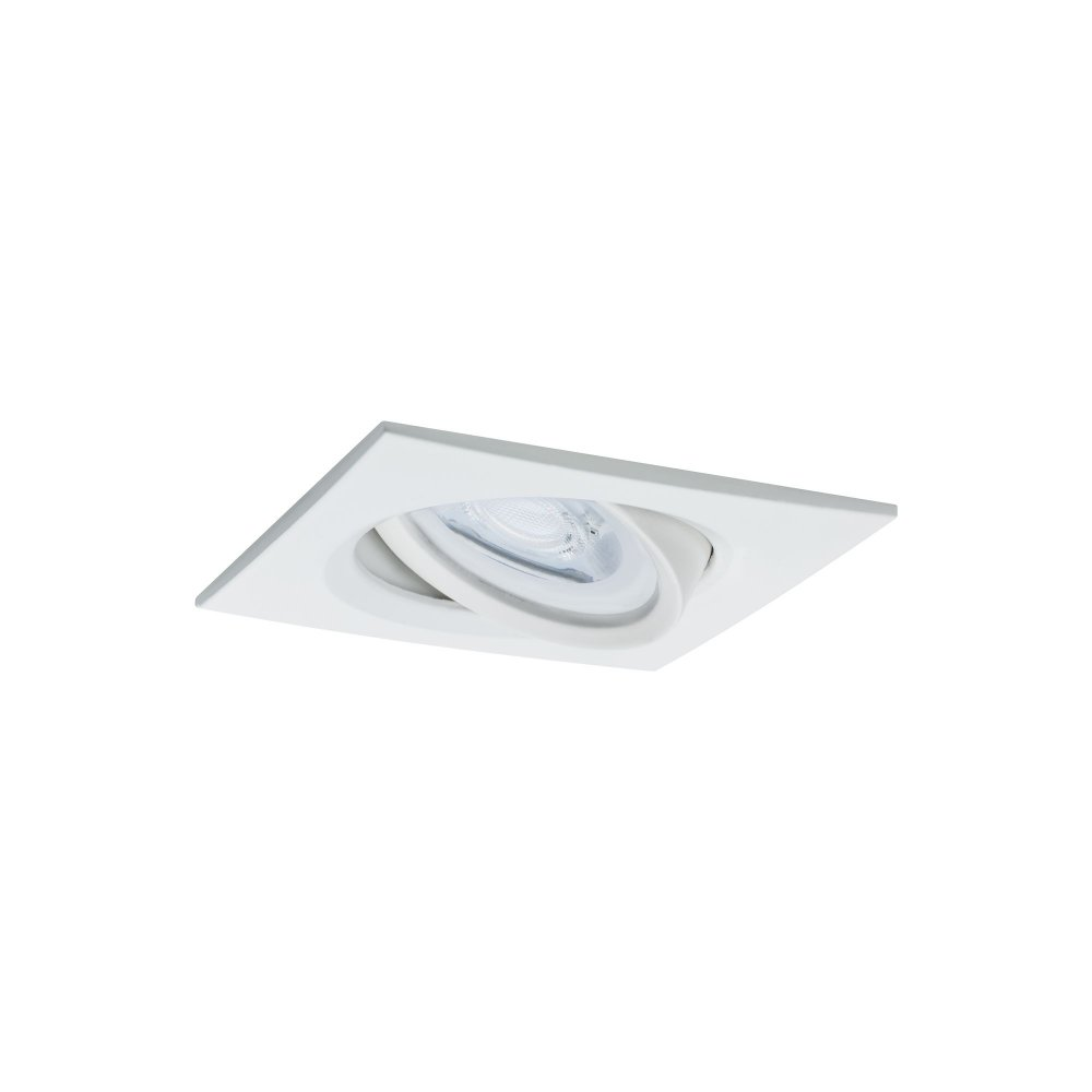 Weiße quadratische Einbauleuchte. Quadratische Form mit drehbarer Innenlampe, helles Licht.