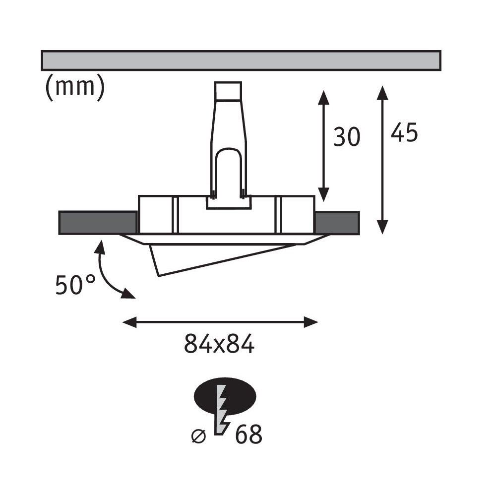 Diagramm einer Einbauleuchte mit Abmessungen und Winkeln, schwarz-weiß.