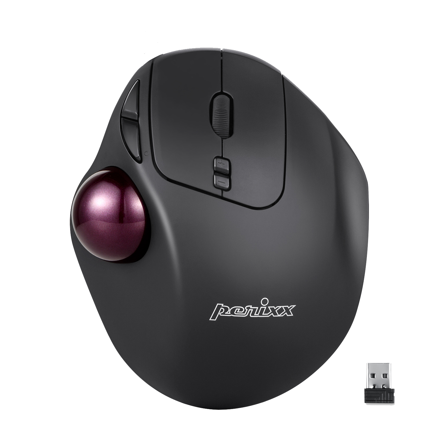 Eine schwarze ergonomische Perixx-Maus mit einer lila Trackball und einem USB-Empfänger auf weißem Grund.