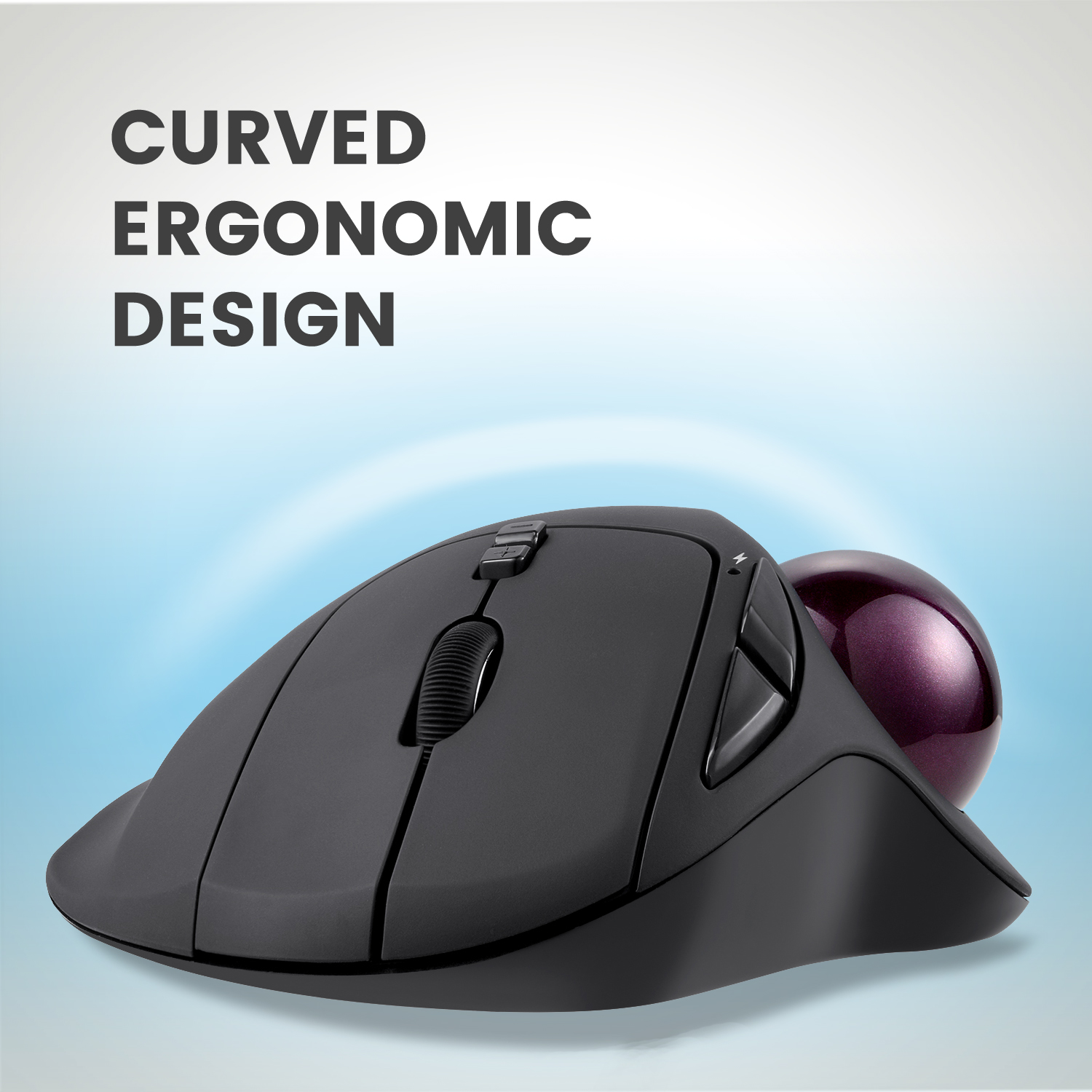 Eine schwarze ergonomische Maus mit lila Trackball, beschriftet mit: Curved Ergonomic Design.