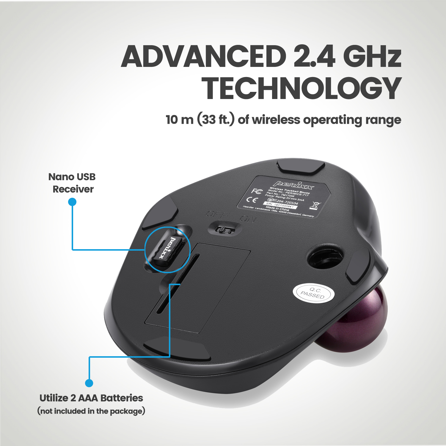 Eine schwarze, drahtlose Trackball-Maus, die den Nano-USB-Empfänger und das Batteriefach zeigt.