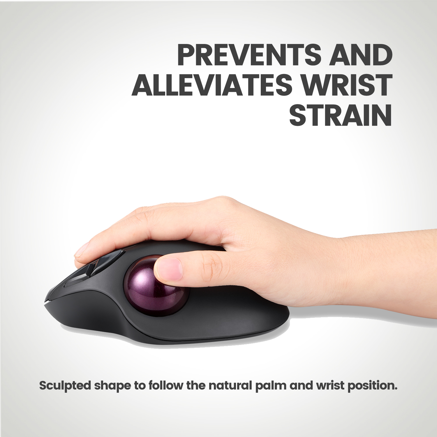 Hand auf einer schwarzen Trackball-Maus mit lila Kugel. Text besagt, dass es eine Handgelenksbelastung verhindert.