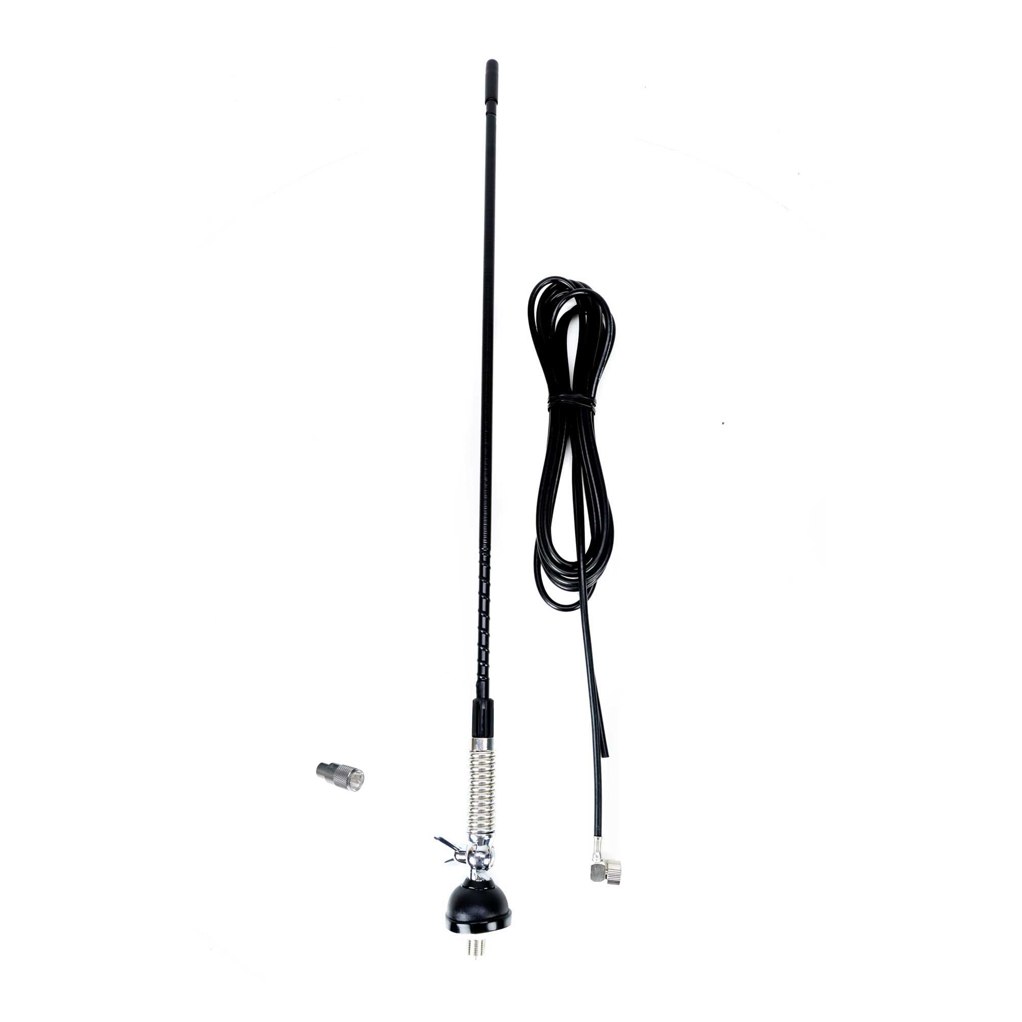 Schwarze Antenne mit Feder, Kabel und Stecker auf weißem Hintergrund.