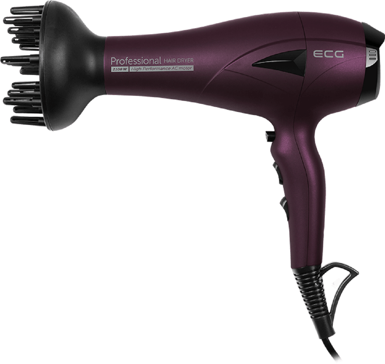 Fioletowa suszarka do włosów z nasadką dyfuzora, czarnym uchwytem i przewodem zasilającym.