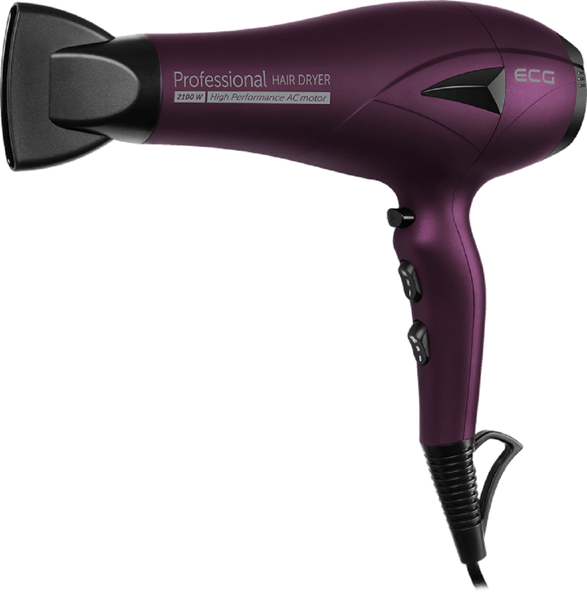 Fioletowa suszarka do włosów z czarną dyszą i uchwytem. Napis 'Professional Hair Dryer'.