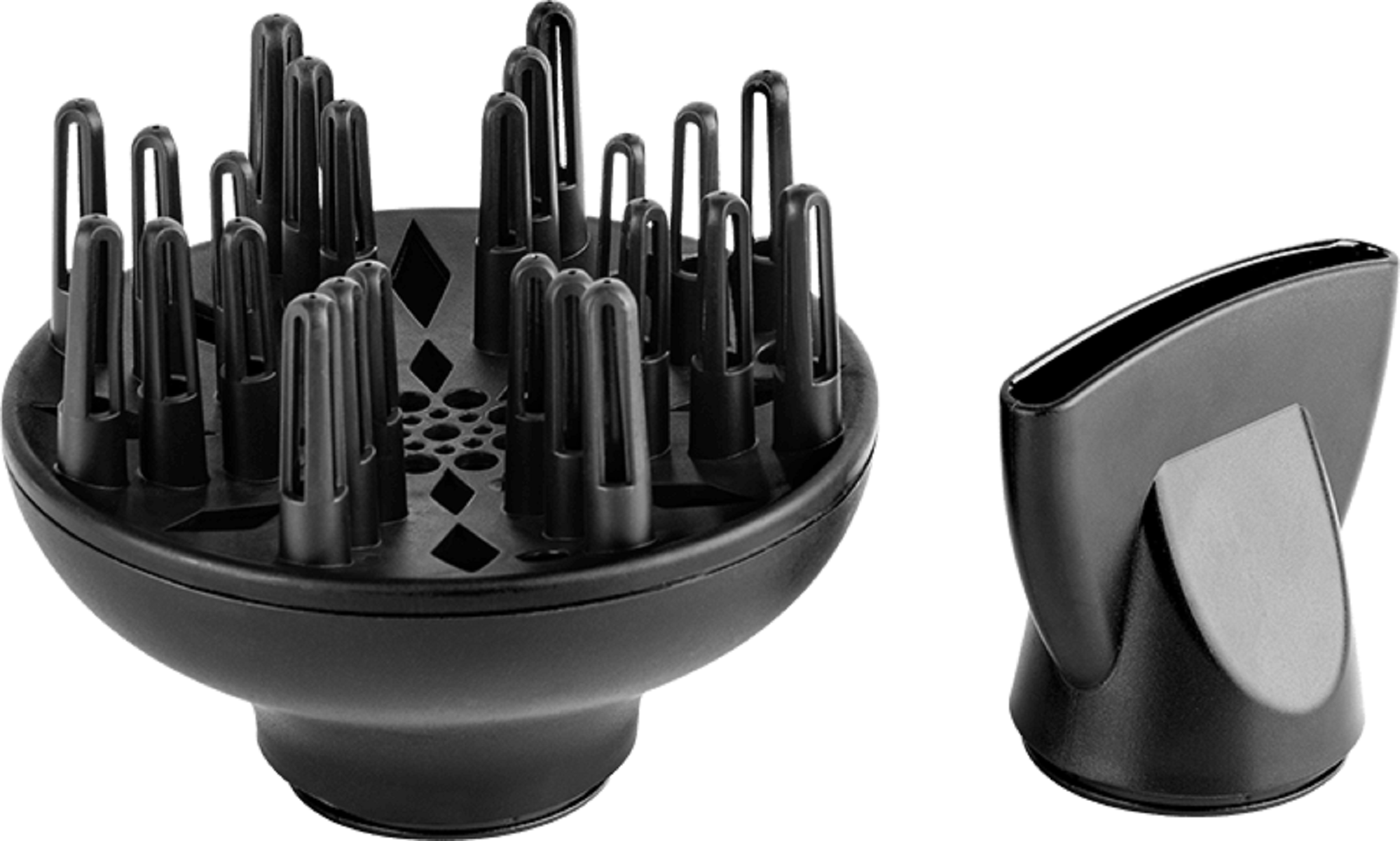 Czarny osprzęt do suszarki do włosów: dyfuzor i dysza.