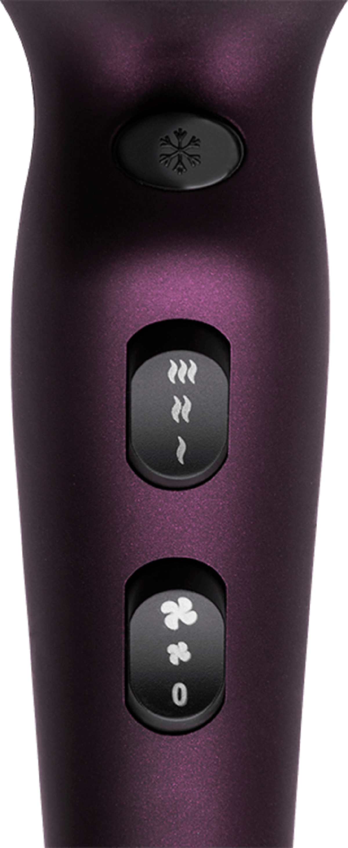 Zbliżenie fioletowego urządzenia do stylizacji włosów z przyciskami sterowania ustawieniami.