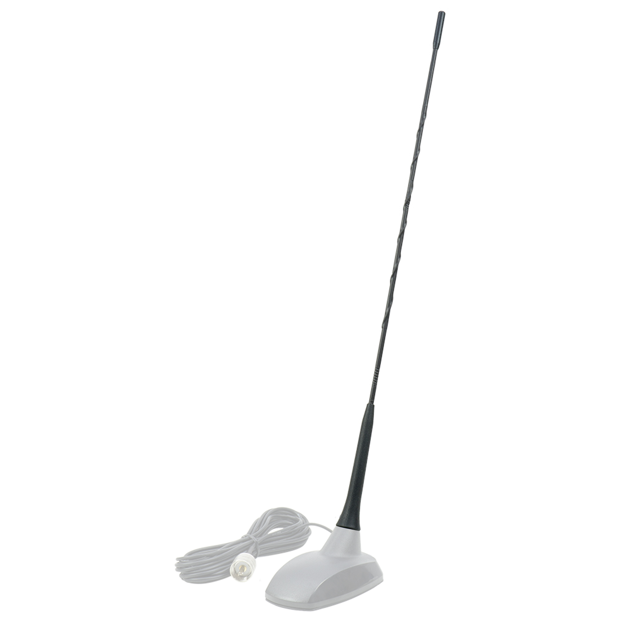 Schwarze Antenne mit weißem Sockel und dünnem Kabel.