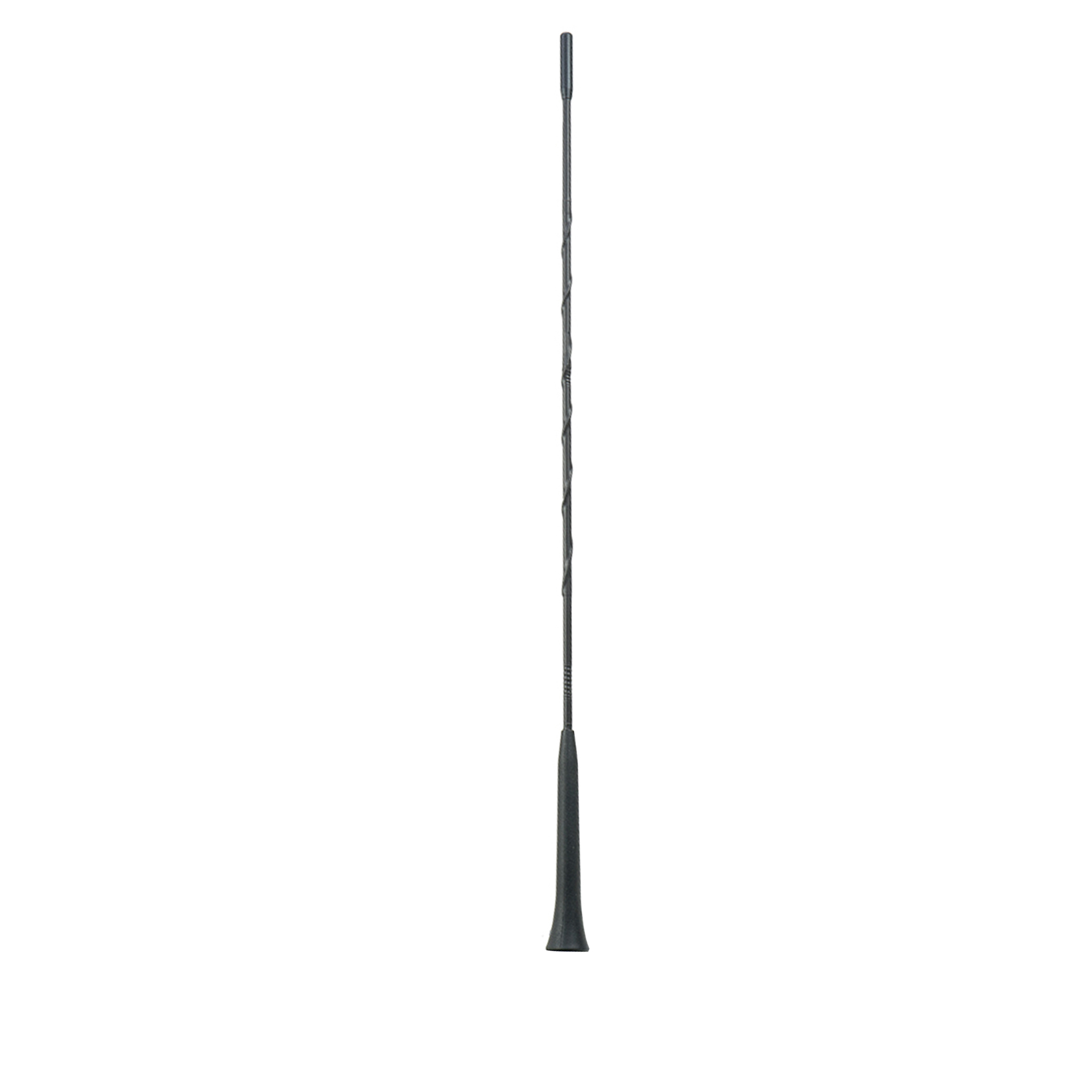 Eine lange, schwarze Autoantenne, die sich vertikal erstreckt, isoliert auf weißem Grund.