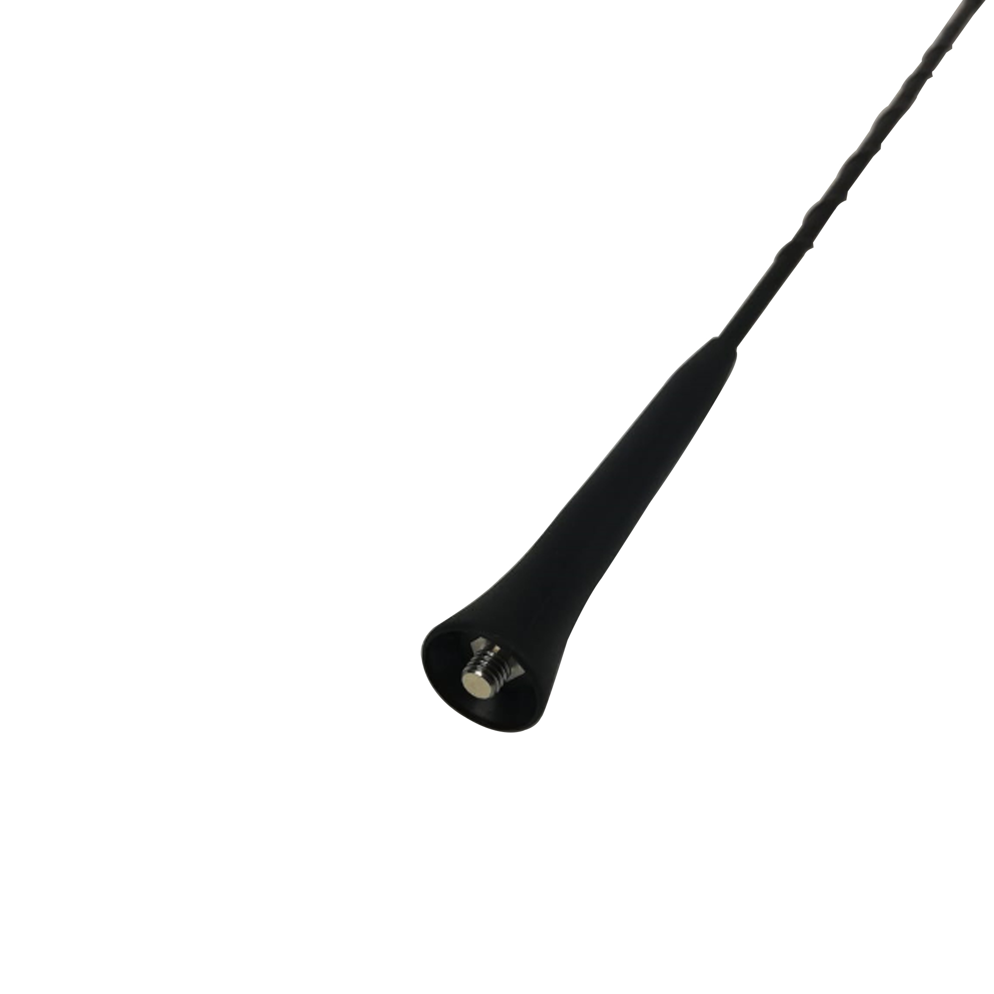 Eine schwarze Autoantenne mit konischem Sockel, isoliert auf weißem Hintergrund.