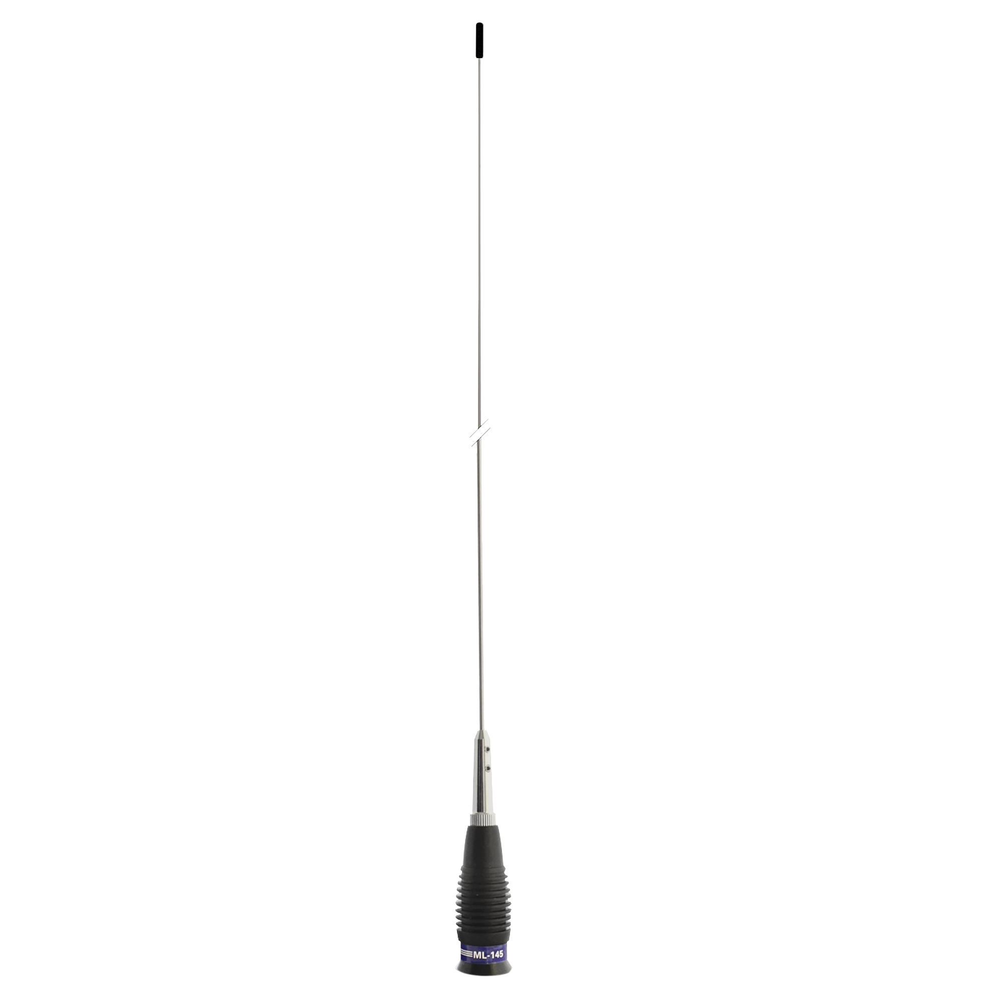 Schwarze Antenne. Sie hat eine lange Metallstange und einen schwarzen Sockel mit Stecker.