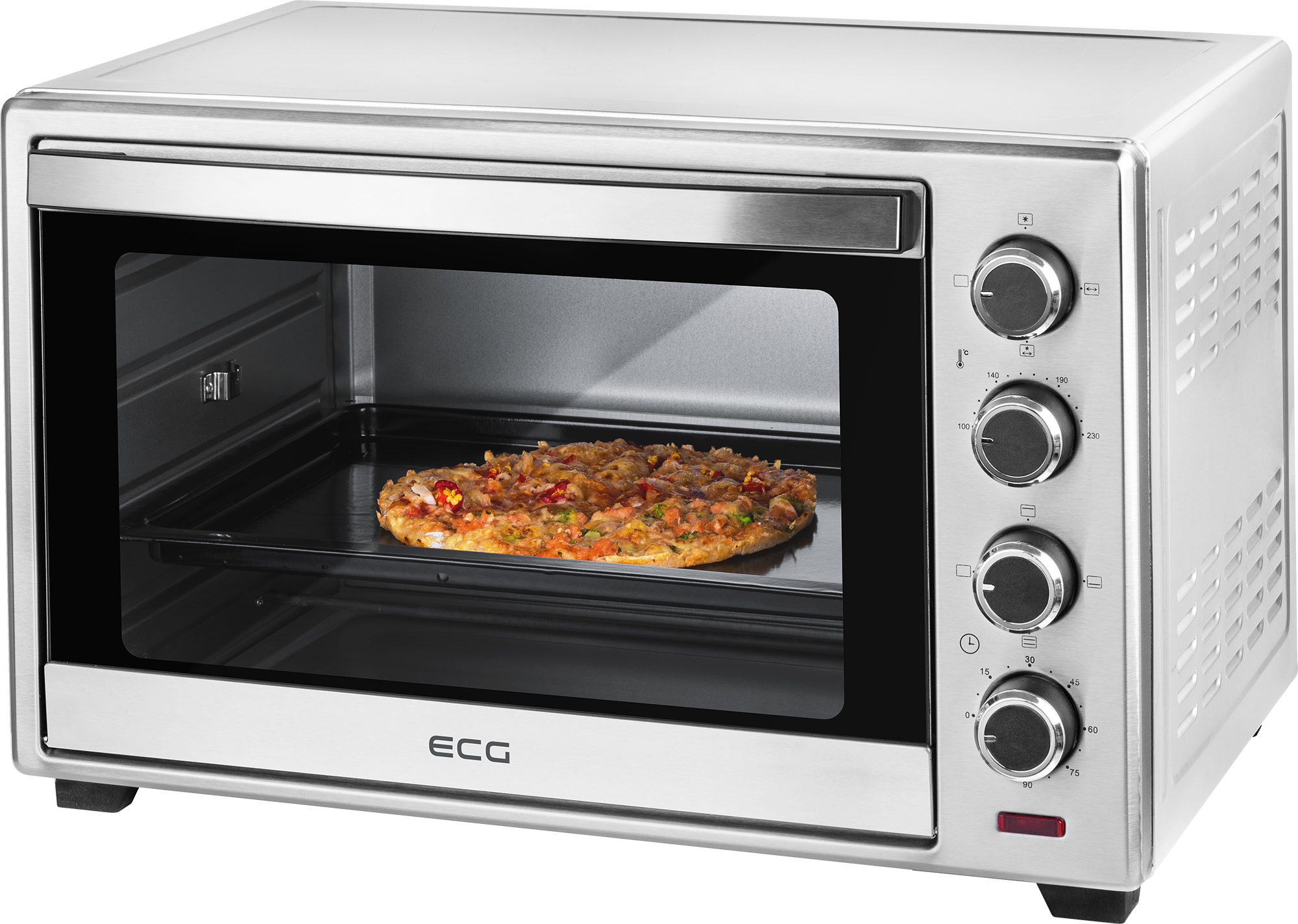 Silberner Ofen mit Pizza darin. Hat Bedienknöpfe und Temperaturanzeige.
