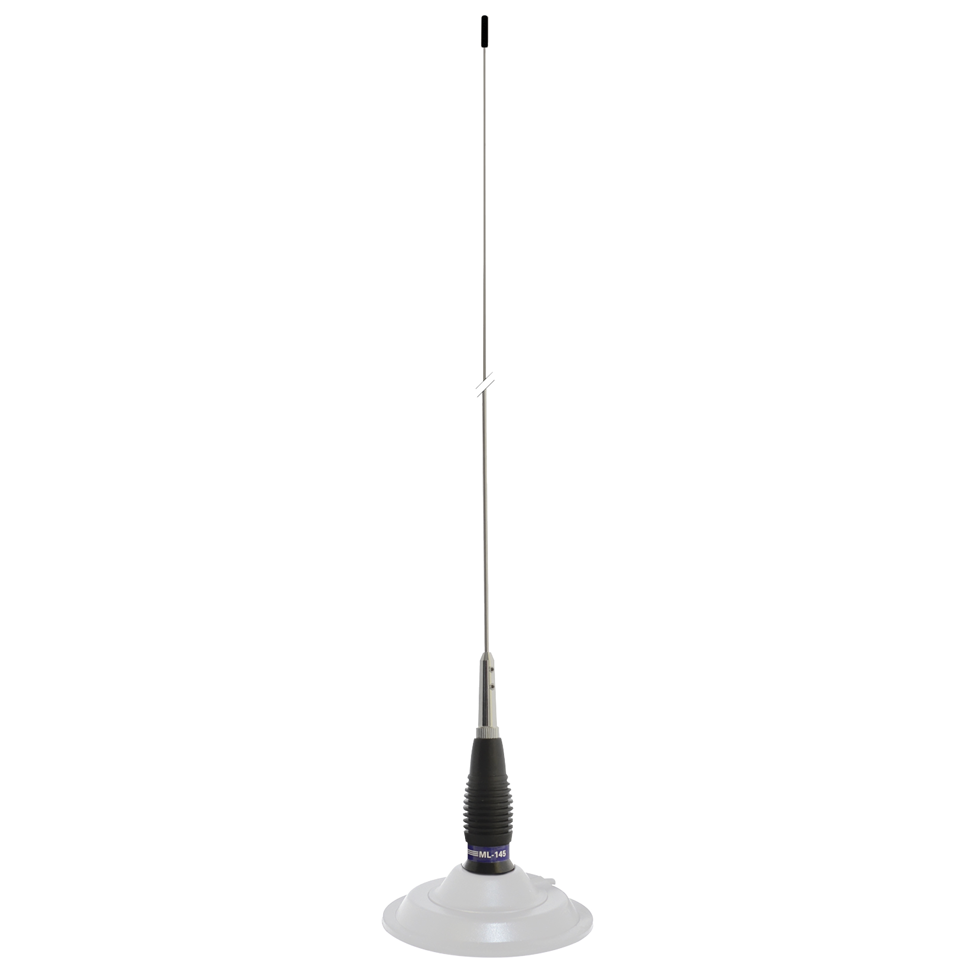 Eine hohe Autoantenne mit schwarzem Sockel und einem langen, dünnen, silbernen Mast.