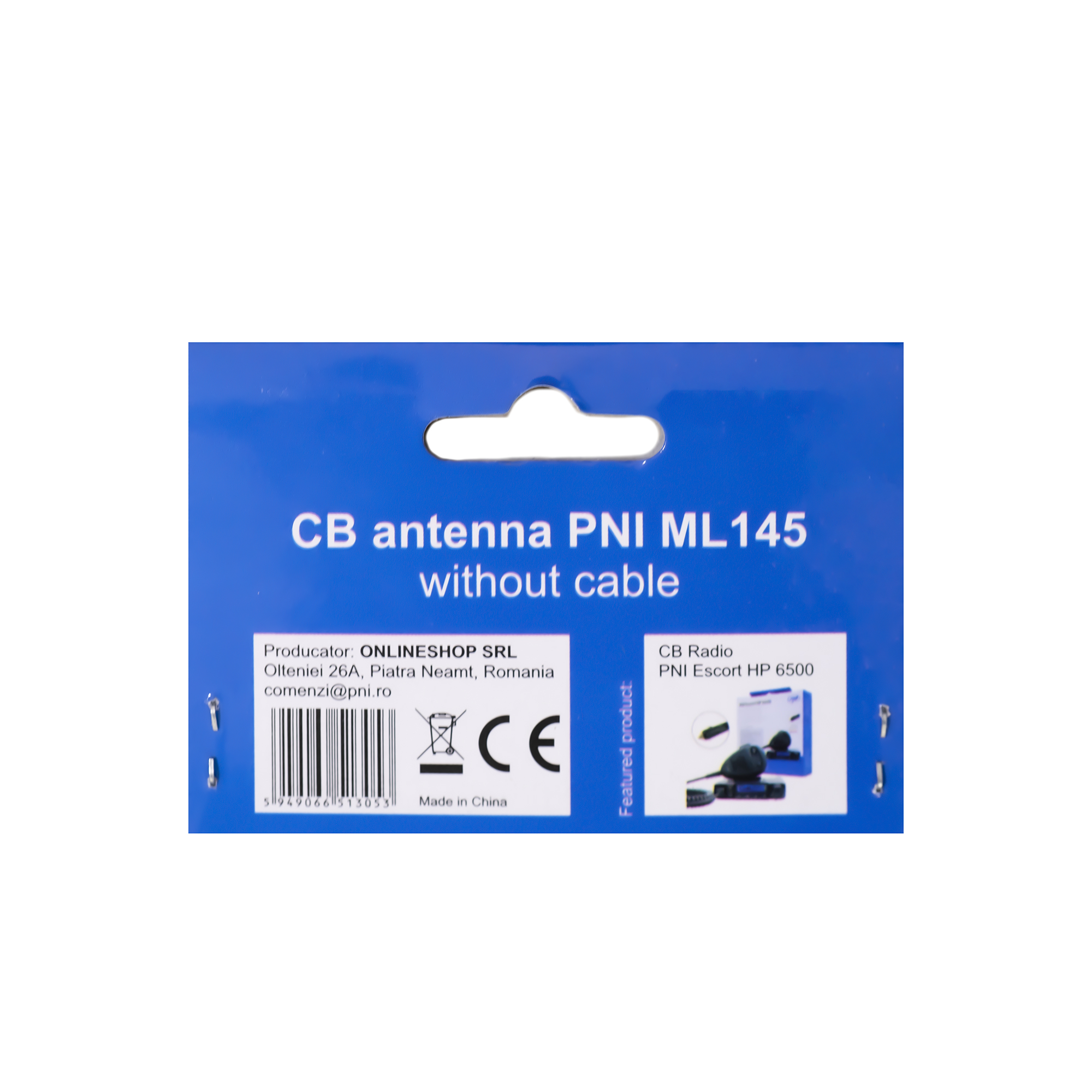 Eine blau-weiße CB-Antennenverpackung mit Text und einem kleinen Produktfoto. Weißer Hintergrund.