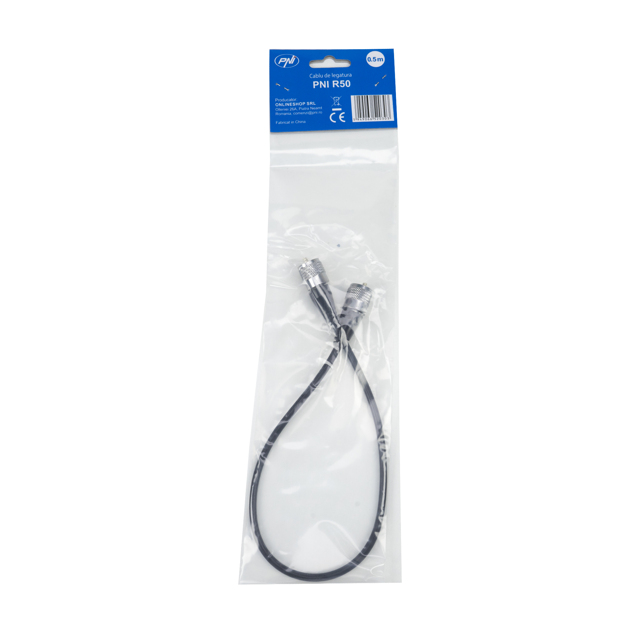 Transparente Plastiktüte mit einem schwarzen Kabel mit zwei silbernen Steckern und einem Produktetikett.