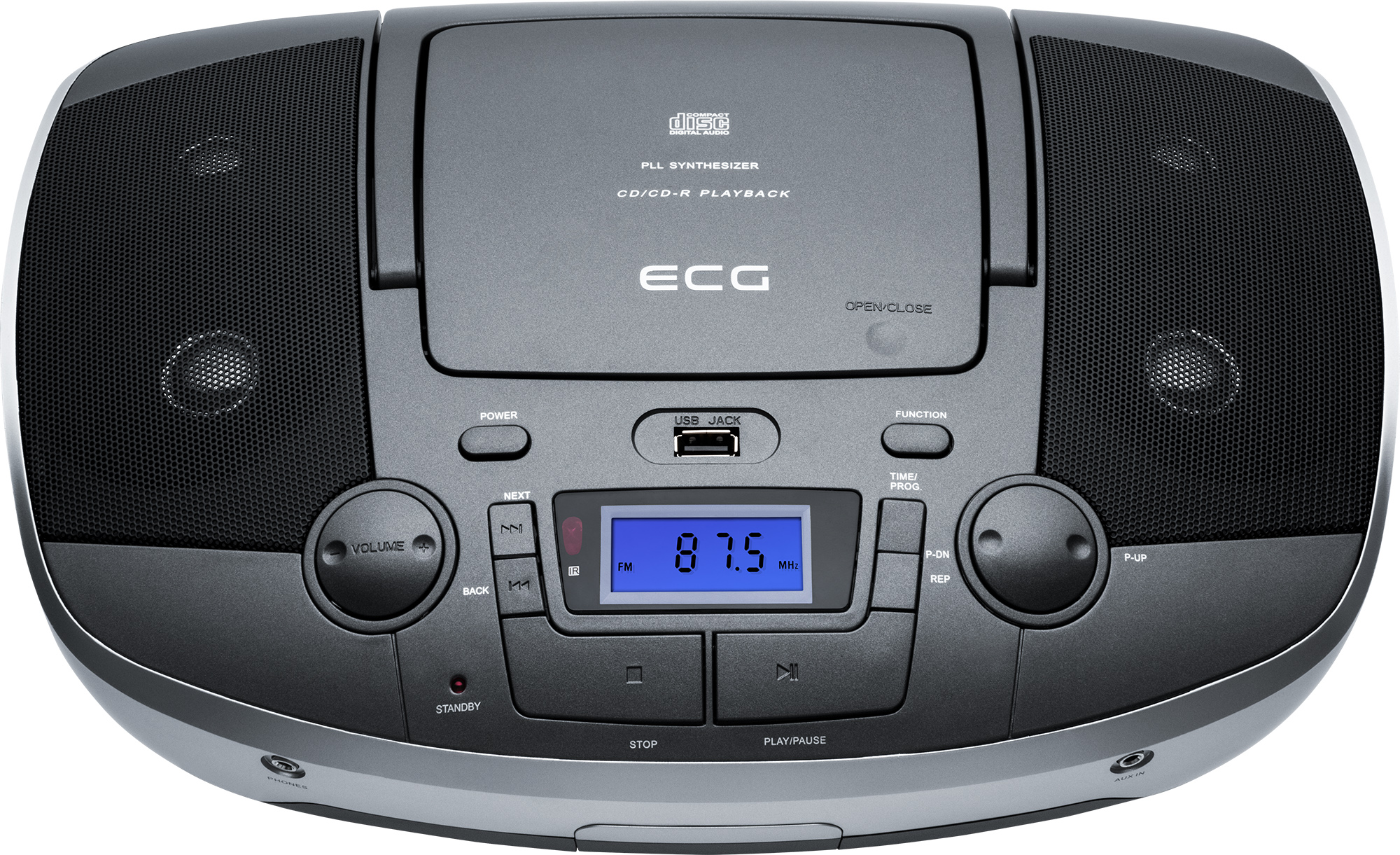 Ein schwarzer und grauer Ghettoblaster mit Knöpfen und einem Digitaldisplay. Die Marke ECG ist abgebildet.