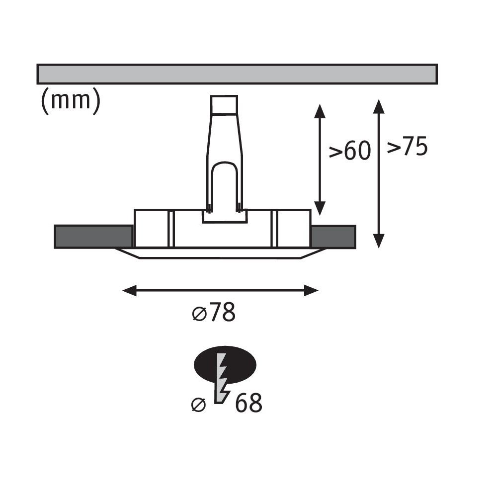Diagramm einer Deckenlichtkomponente mit Abmessungen und einem Elektrosymbol.