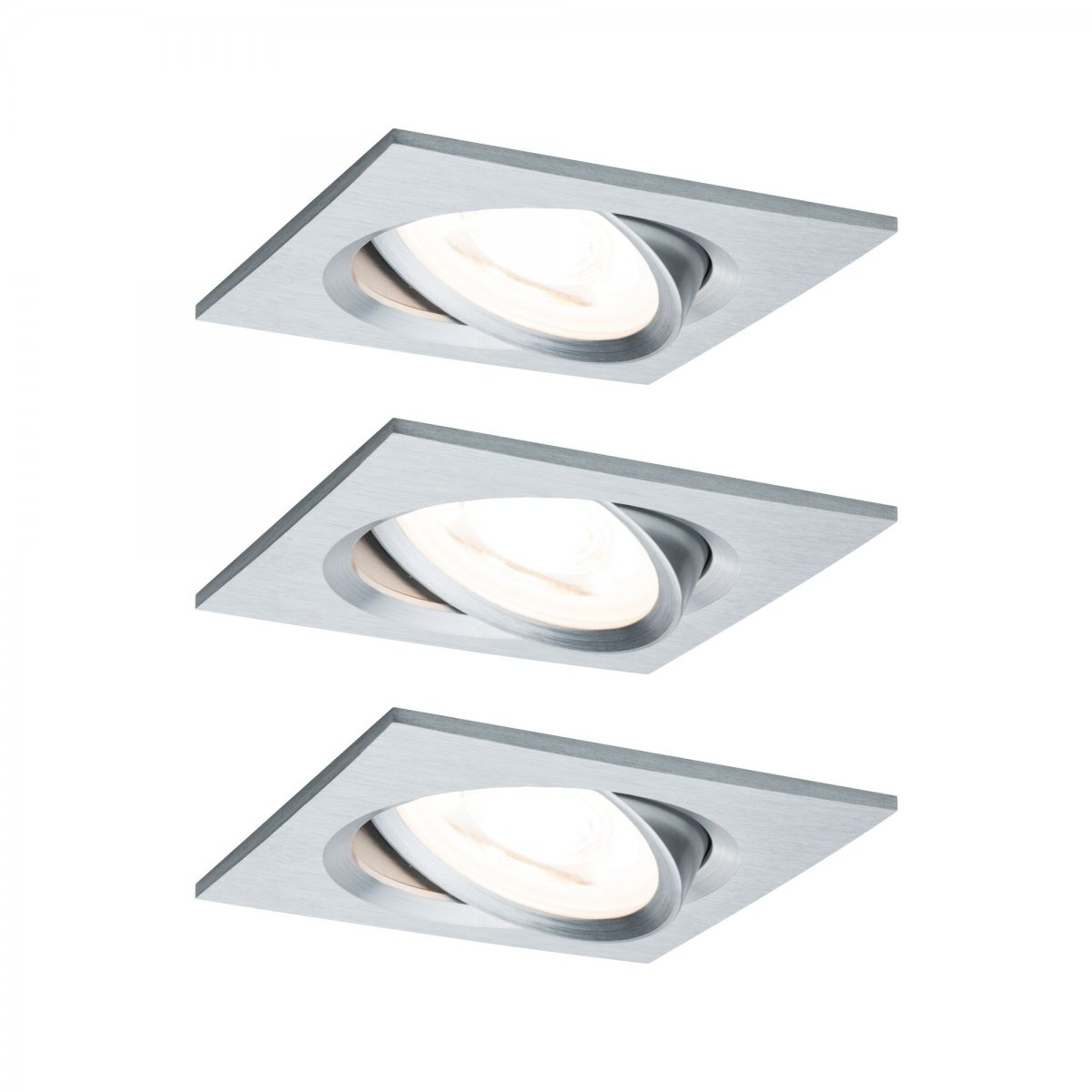Drei Einbau-Deckenleuchten. Quadratische Rahmen mit verstellbarer Lichtquelle. Auf weißem Hintergrund isoliert.