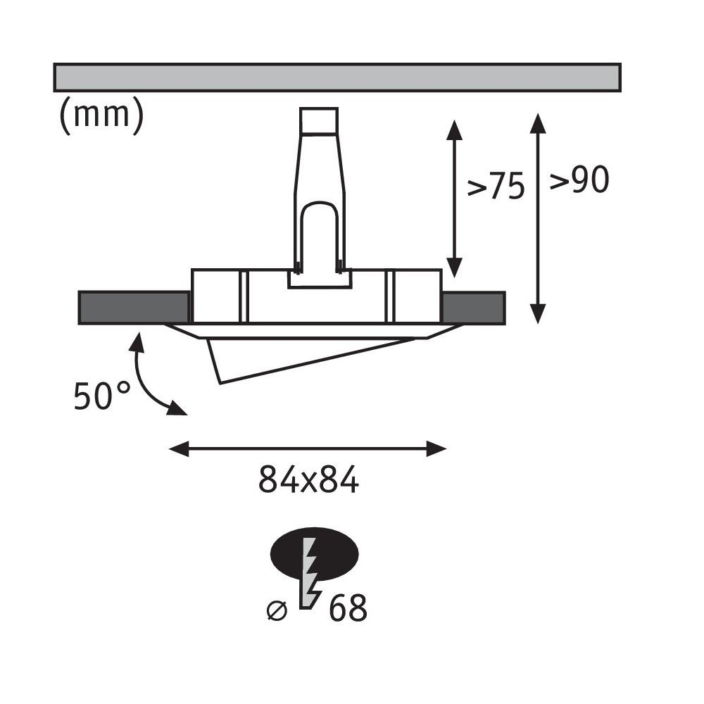 Ein Diagramm mit Abmessungen und Installationsanweisungen für eine Einbauleuchte, mit Anmerkungen.